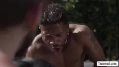 Play Watch this Kinky TS Get Double Penetrated by Two Huge Cocks in Court
